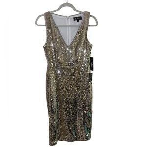 Lulu’s Gold Sequins Knee Length Taylor Swift Prom Dress V-Neck Small NWT Swiftie